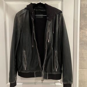 All Saints 100% Sheep’s Leather Bomber w/ Detachable Hood